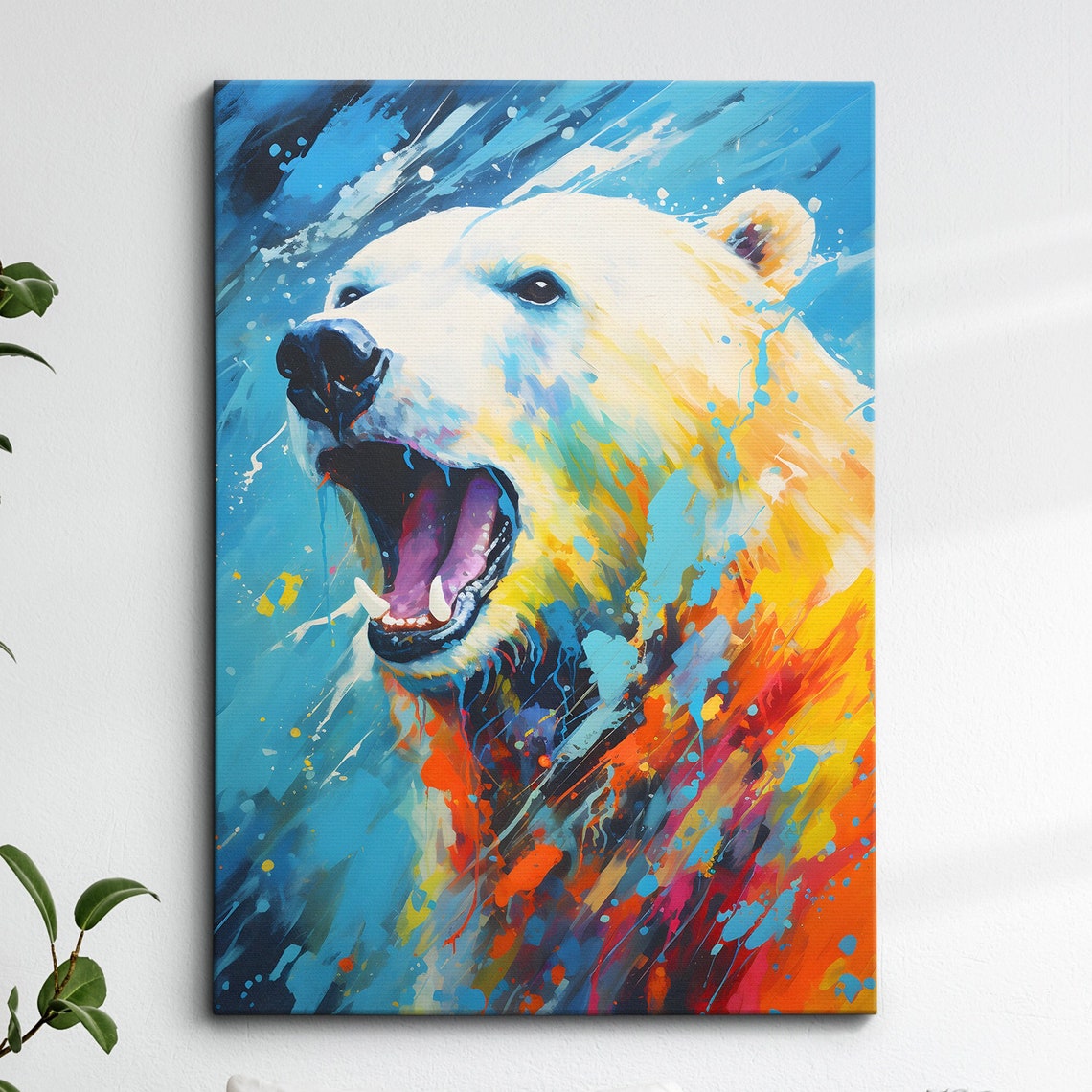 Colorful Polar Bear Roaring Abstract Splatter Art Canvas Print