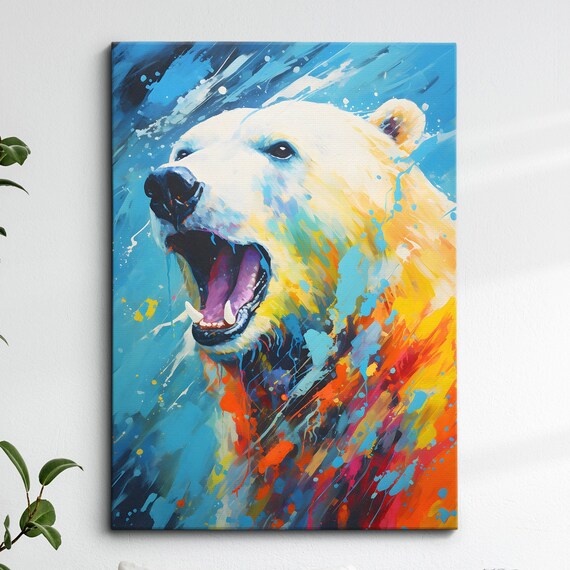 Colorful Polar Bear Animal Abstract Oil Painting Splatter Style Wall Art Framed Canvas Poster Print Home Kitchen Office Room Decor Gifts