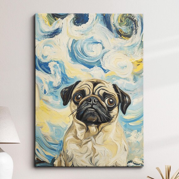 Pug Dog Starry Night Style Oil Painting Funny Pet Portrait Poster