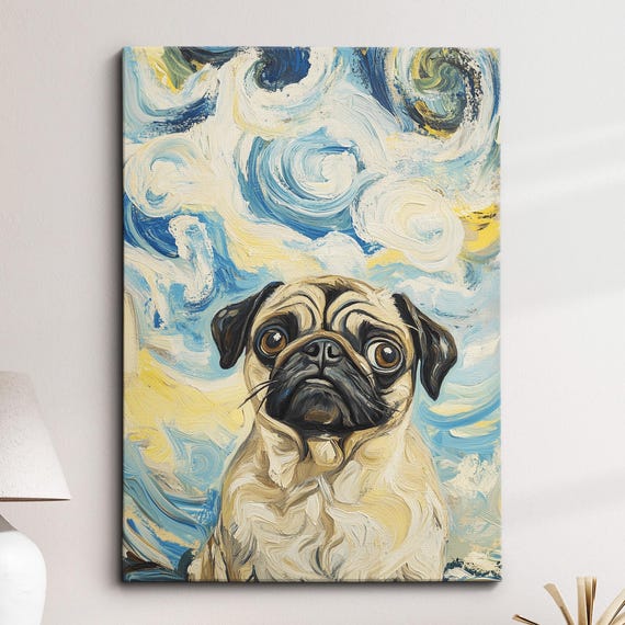 Pug Starry Dog Pet Abstract Modern Wall Art Oil Painting Framed Canvas Poster Print Home Kitchen Office Room Decor Gifts