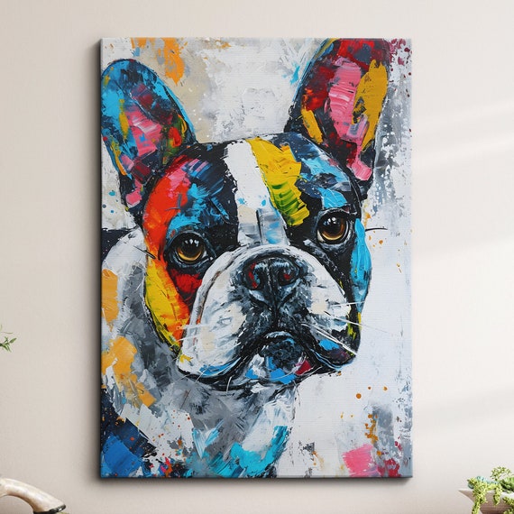 French Bulldog Fun Animal Dog Pet Lover Abstract Oil Painting Wall Art Framed Canvas Poster Print Home Kitchen Living Room Decor Gifts
