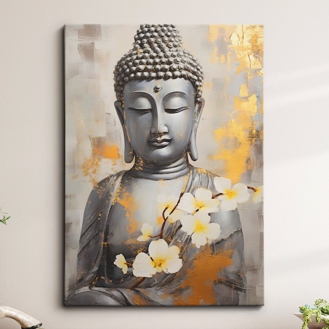 Silver Buddha Statue Gold Accents Floral Serene Zen Art Poster