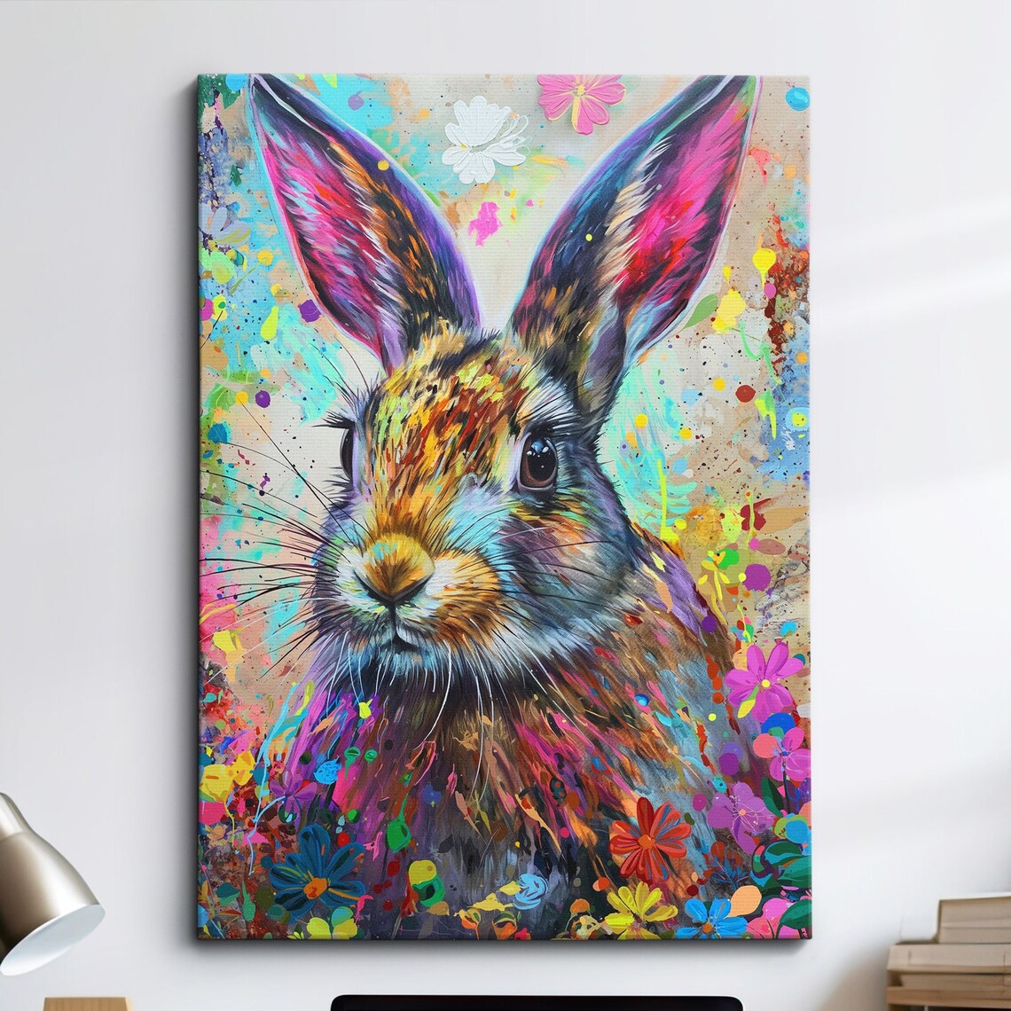 Colorful Rabbit With Flowers Splatter Animal Painting Poster