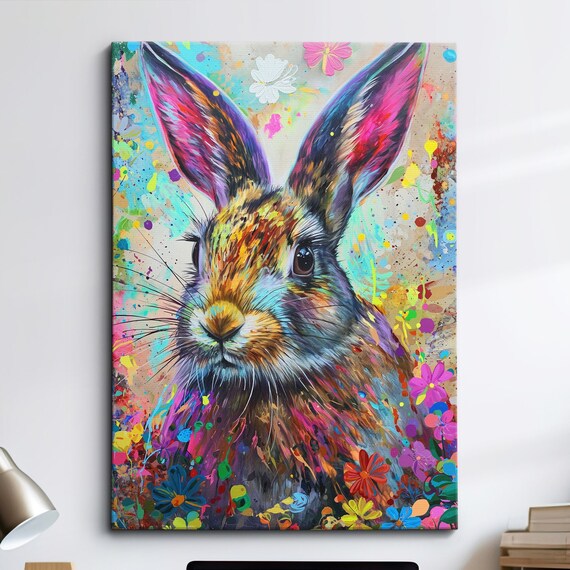 Colorful Rabbit Animal Abstract Oil Painting Splatter Style Wall Art Framed Canvas Poster Print Home Kitchen Office Room Decor Gifts