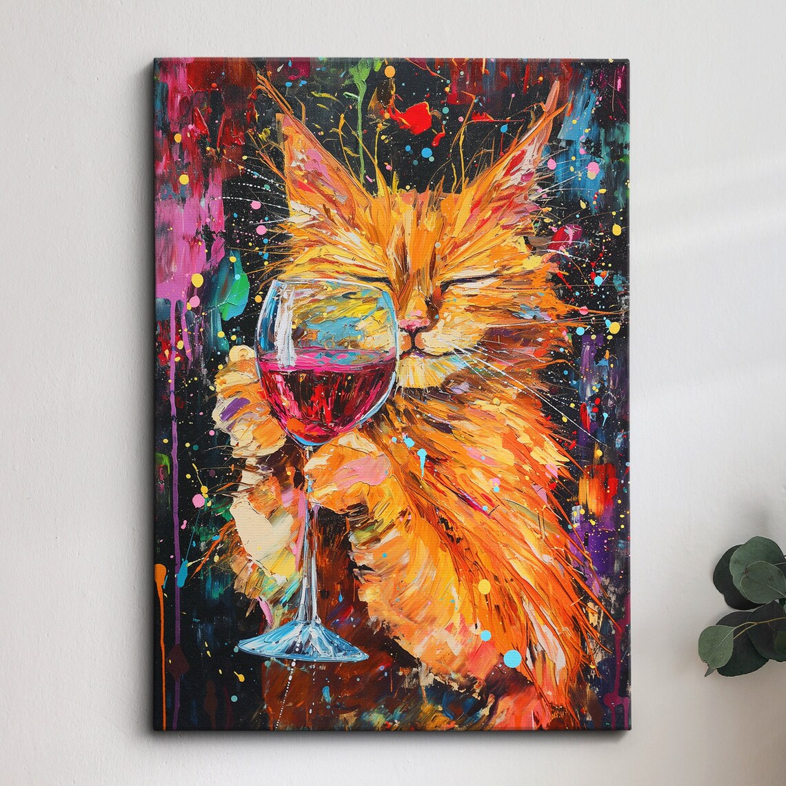 Funny Ginger Cat Drinking Red Wine Glass Abstract Painting Print