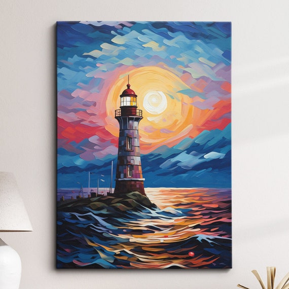 Lighthouse On The Sea Abstract Oil Painting Style Wall Art Framed Canvas Poster Print Home Kitchen Office Room Decor Gifts