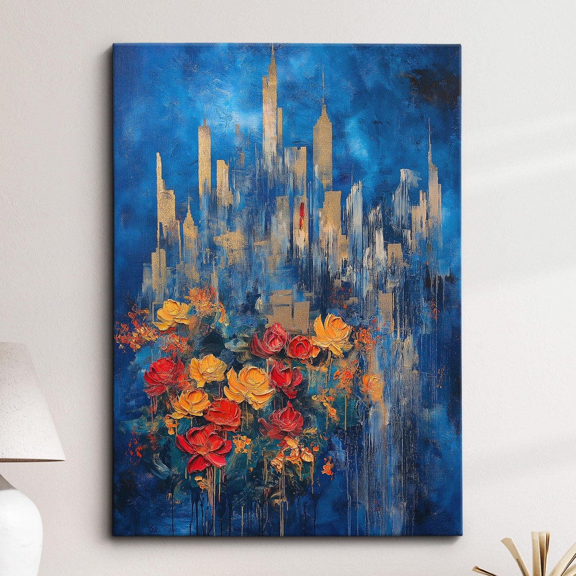Blue Gold Cityscape Rose Bouquet Abstract Oil Painting Poster