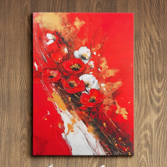 Modern Abstract Red White Minimalist Floral Oil Painting Wall Art Framed Canvas Poster Print Home Living Room Decor Gift Ideas