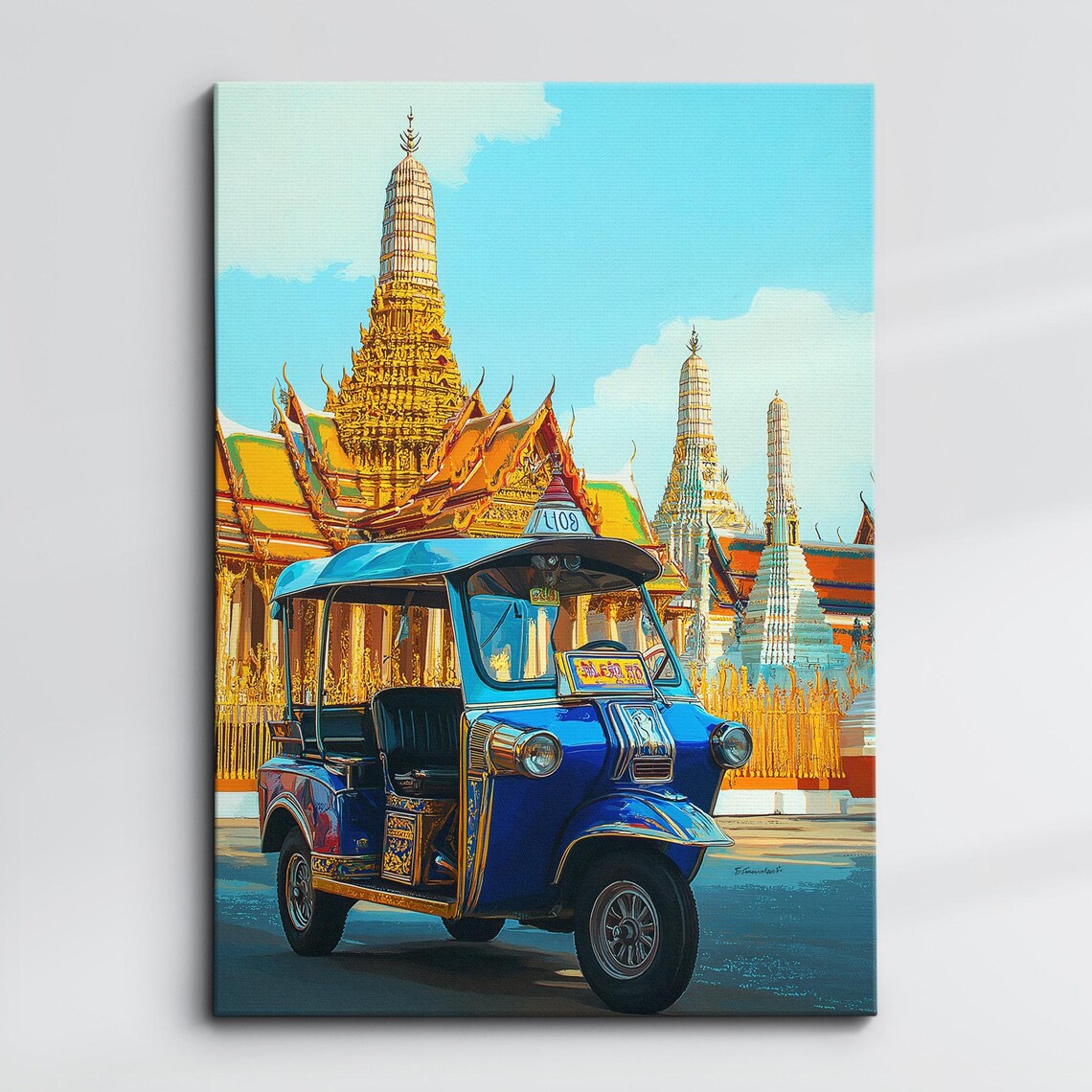 Bangkok Grand Palace and Blue Tuk Tuk Painting Canvas Poster
