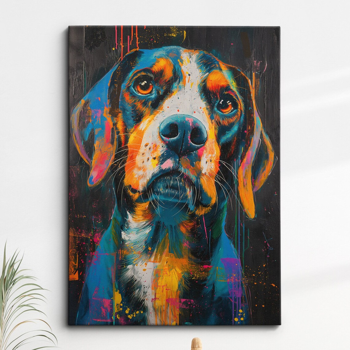 Neon Beagle Dog Splash Paint Portrait Modern Colorful Art Poster