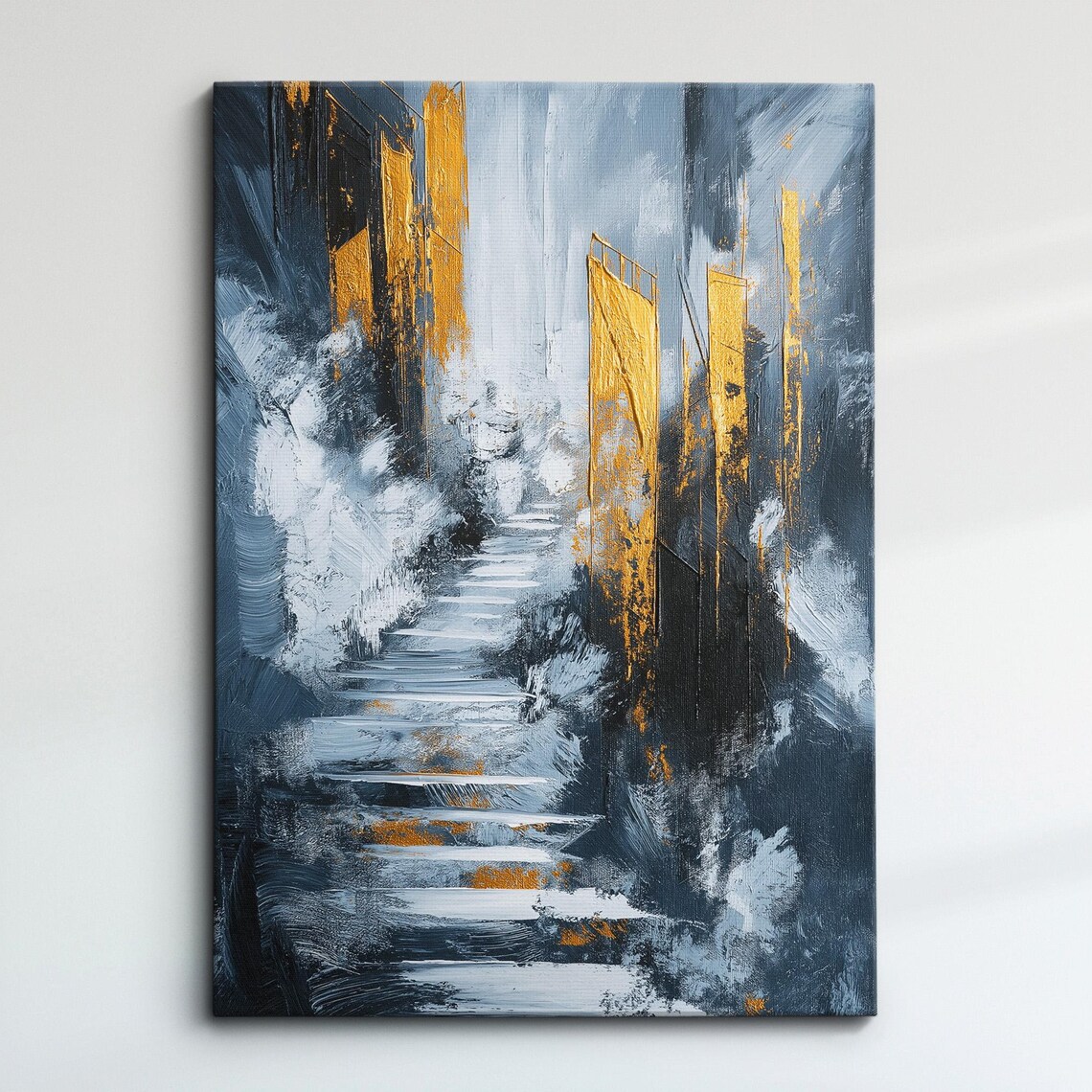 Grey And Gold Abstract Stairway Painting Modern Luxury Wall Art