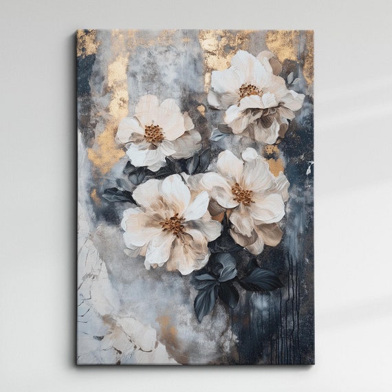 Modern Abstract Grey White Minimalist Floral Oil Painting Wall Art Framed Canvas Poster Print Home Living Room Decor Gift Ideas