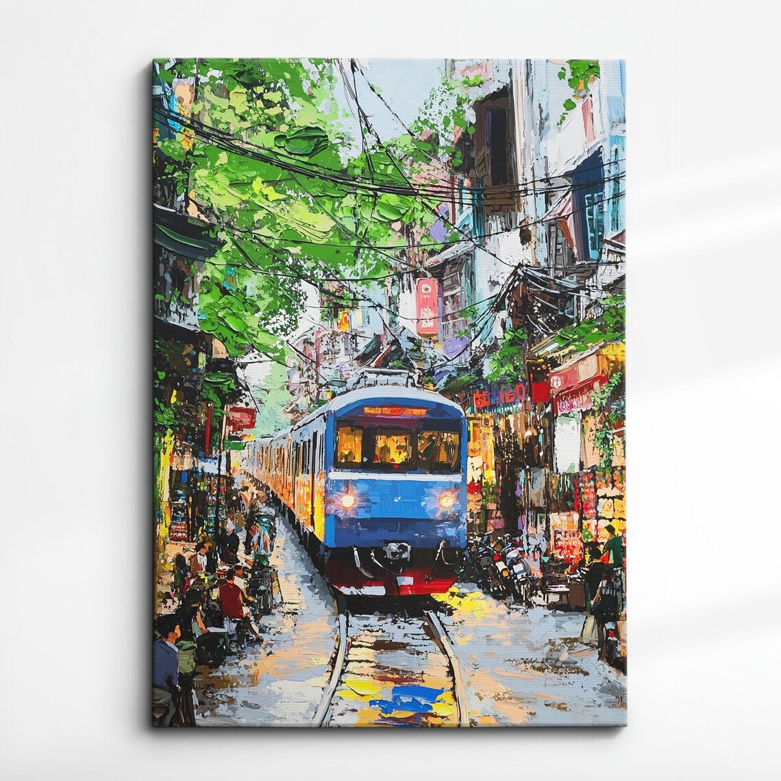 Hanoi Train Street Blue Train Palette Knife Vietnam Painting Poster