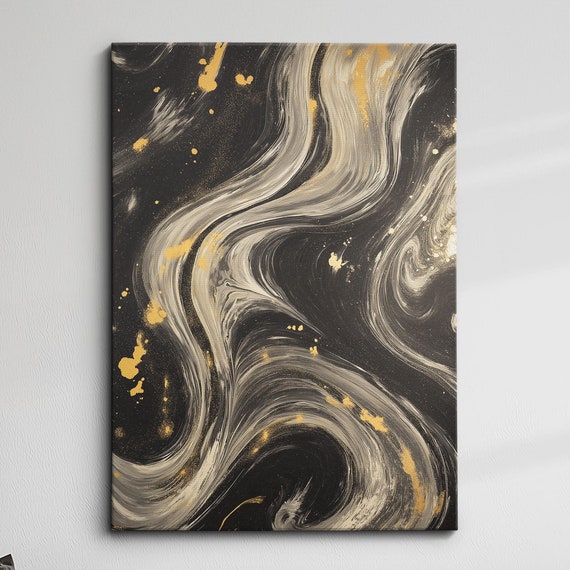 Modern Abstract Black Gold Minimalist Geometric Oil Painting Wall Art Framed Canvas Poster Print Home Living Room Decor Gift Ideas
