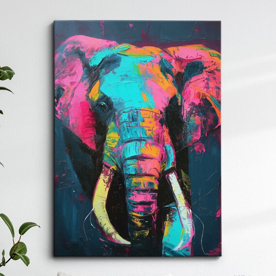 Colorful Elephant Abstract Oil Painting Pop Art Style Wall Framed Canvas Poster Print Home Kitchen Living Room Decor Animal Gifts