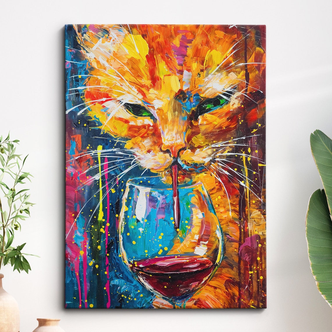 Orange Cat Lapping Red Wine Glass Neon Abstract Painting Poster