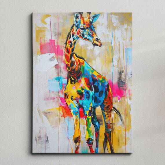 Colorful Giraffe Body Abstract Oil Painting Splatter Style Wall Art Framed Canvas Poster Print Home Kitchen Office Room Decor Gifts