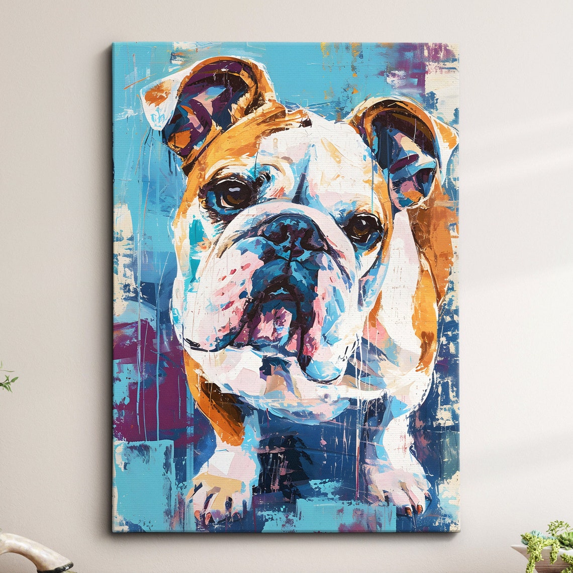 English Bulldog Fun Animal Dog Pet Lover Abstract Oil Painting Wall Art Framed Canvas Poster Print Home Kitchen Living Room Decor Gifts