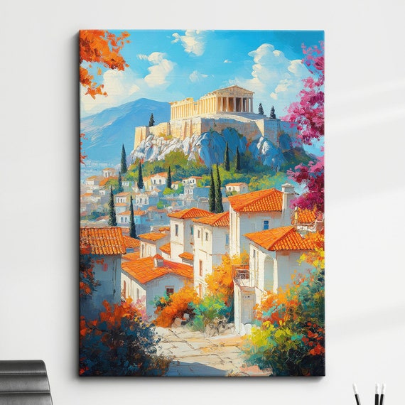 The Acropolis Greece Abstract Painting Palette Knife Strokes Style Wall Art Framed Canvas Poster Print Home Kitchen Living Room Decor Gift