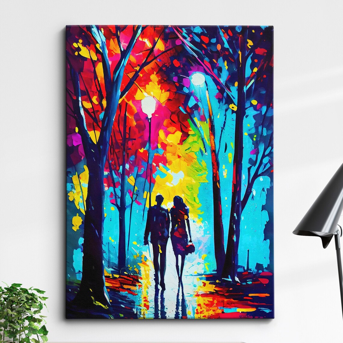 Couple Under Street Lamps Starry Night Park Abstract Art Poster