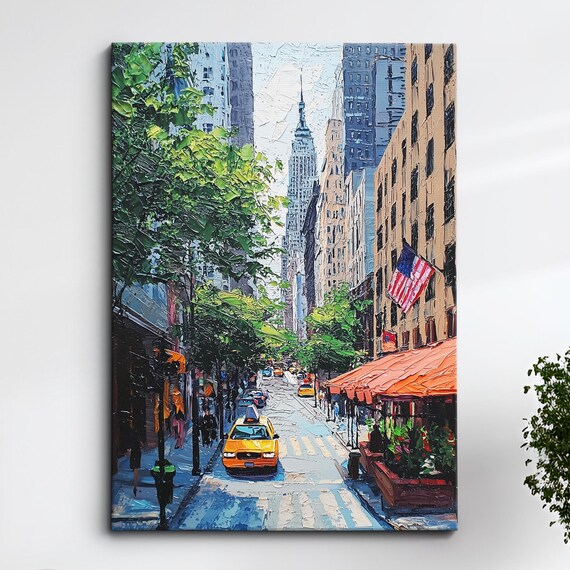 New York City Street with American Flag and Cafe Oil Painting Poster