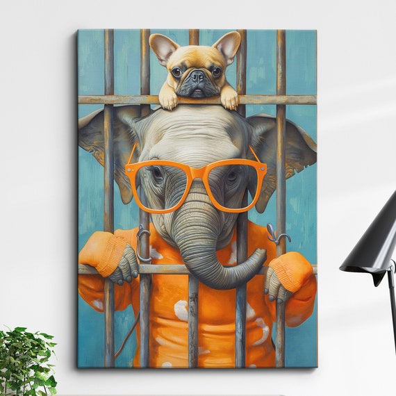 Colorful Elephant French Bulldog Behind Bars Abstract Oil Painting Wall Art Framed Canvas Poster Print Home Kitchen Living Room Decor Gift