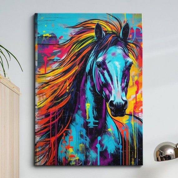 Bright Colorful Horse Abstract Oil Painting Drip Splatter Wall Art Framed Canvas Poster Print Home Kitchen Office Room Decor Gifts