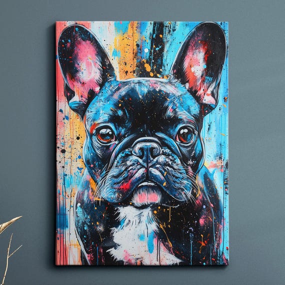 French Bulldog Paint Splash Dog Pet Abstract Modern Painting Wall Art Oil Framed Canvas Poster Print Home Kitchen Office Decor