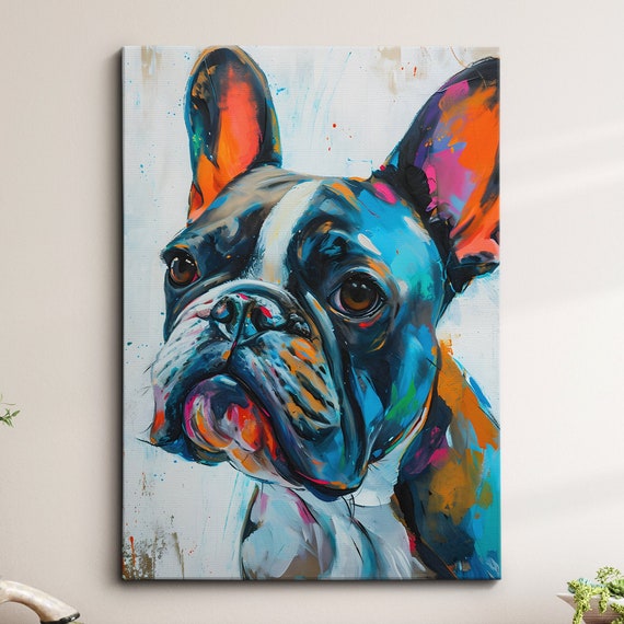 French Bulldog Fun Animal Dog Pet Lover Abstract Oil Painting Wall Art Framed Canvas Poster Print Home Kitchen Living Room Decor Gifts