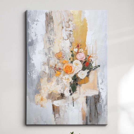 Modern Abstract Gold White Minimalist Floral Oil Painting Wall Art Framed Canvas Poster Print Home Living Room Decor Gift Ideas