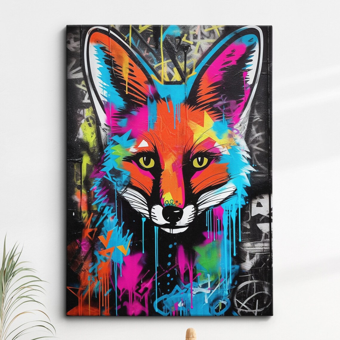 Colorful Neon Graffiti Fox Portrait Abstract Splatter Art Poster