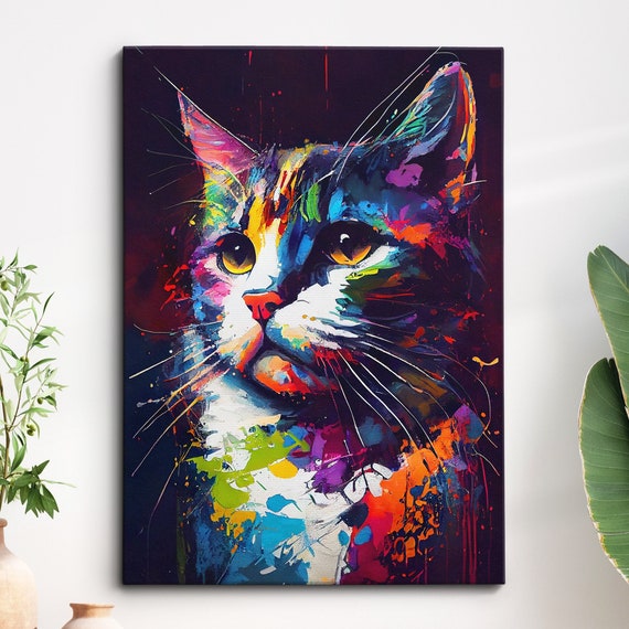 Cat Abstract Fun Colorful Animal Colourful Paint Pet Oil Painting Splatter Wall Art Framed Canvas Poster Print Homeoffice Room Decor Gifts