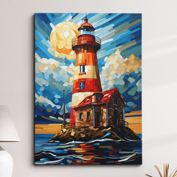 Lighthouse On The Sea Abstract Oil Painting Style Wall Art Framed Canvas Poster Print Home Kitchen Office Room Decor Gifts
