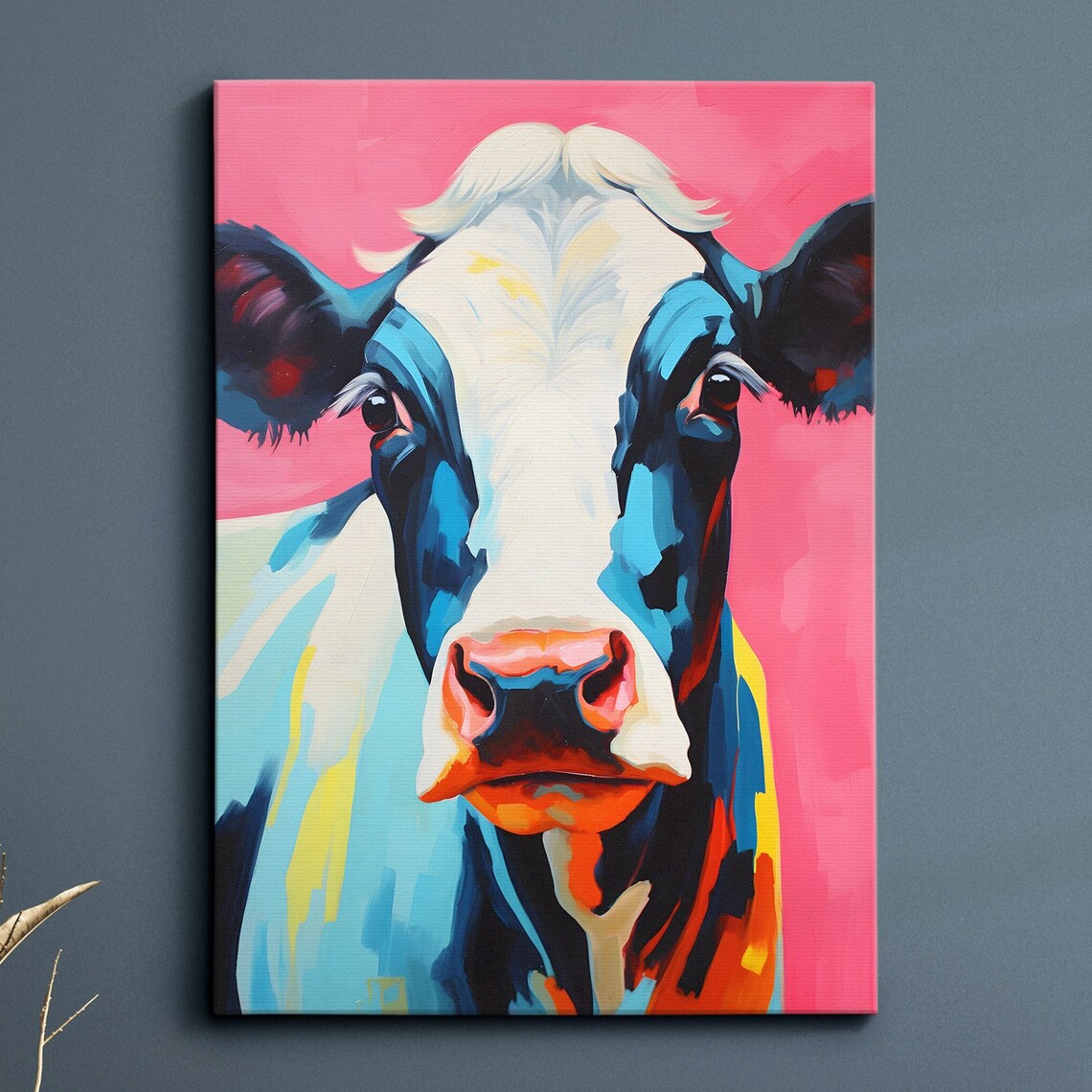 Colorful Cow Portrait Pink Background Pop Art Animal Wall Poster