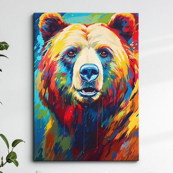 Colorful Grizzly Bear Animal Abstract Oil Painting Splatter Style Wall Art Framed Canvas Poster Print Home Kitchen Office Room Decor Gifts