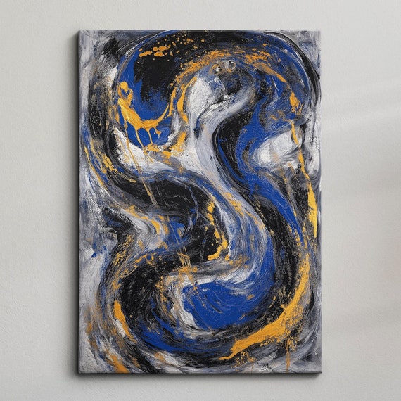 Modern Abstract Blue Mix Minimalist Geometric Oil Painting Wall Art Framed Canvas Poster Print Home Living Room Decor Gift Ideas