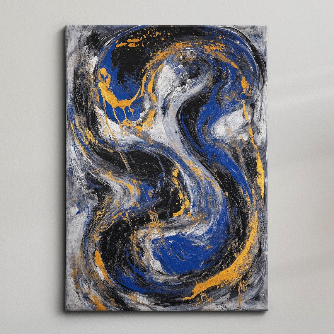 Blue Gold Black Abstract Marble Swirl Modern Painting Poster