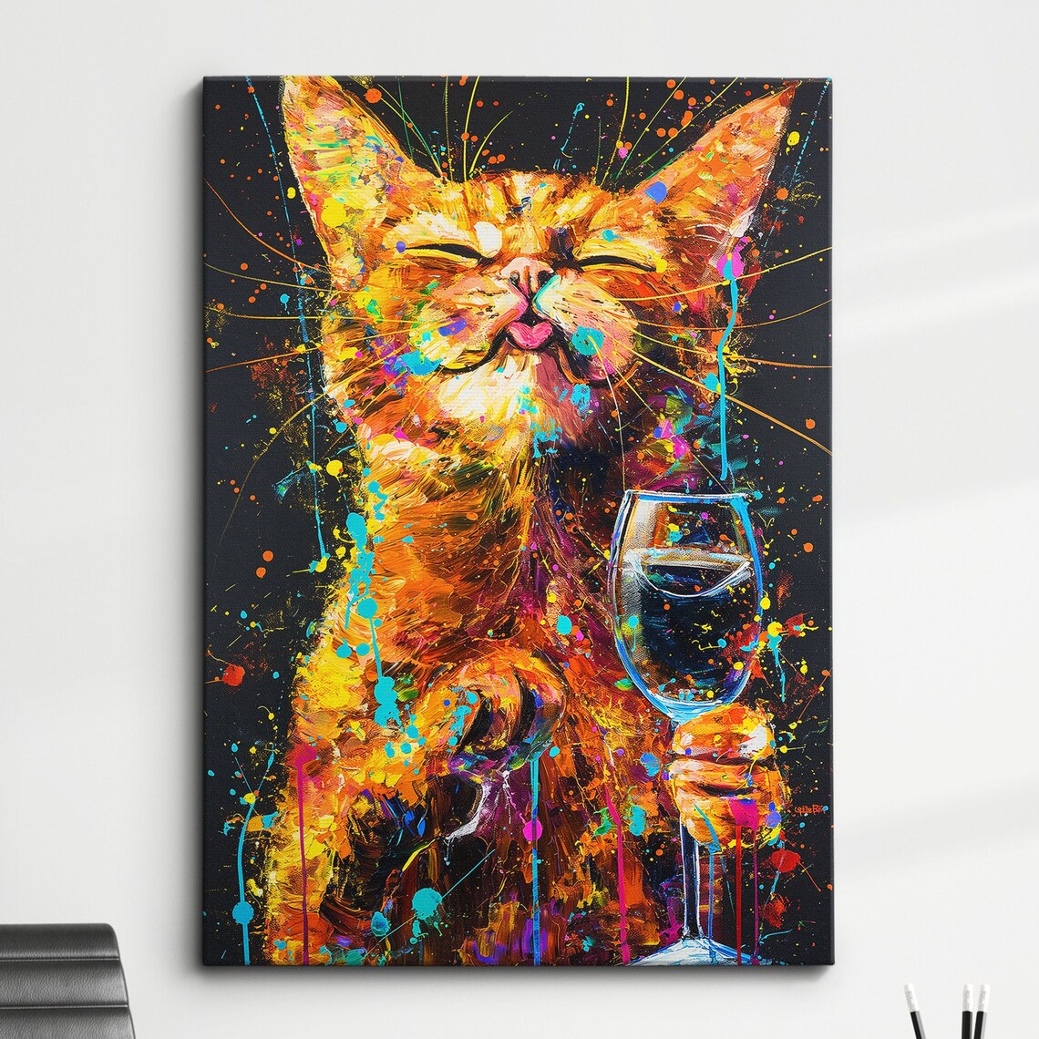 Funny Orange Cat Drinking Wine Glass Paint Splatter Animal Poster