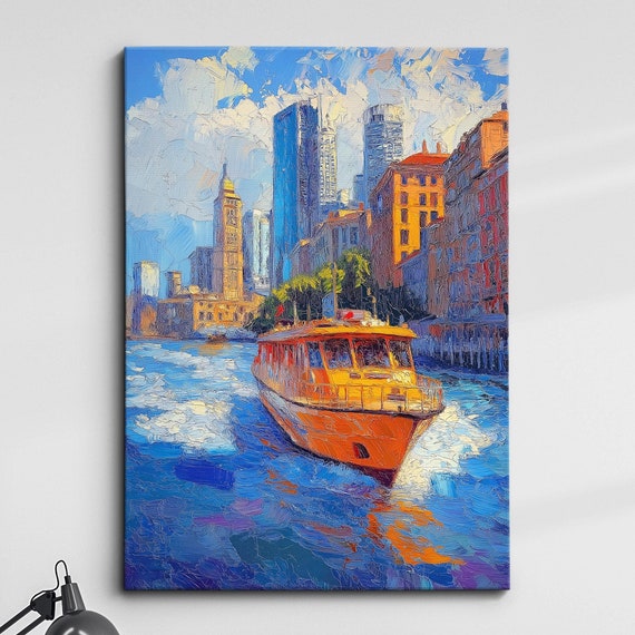 Port Jackson Bay Abstract Painting Palette Knife Strokes Style Wall Art Framed Canvas Poster Print Home Kitchen Living Room Decor Gift