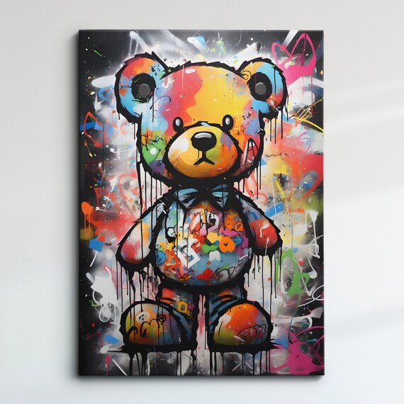Fun Teddy Bear Graffiti Abstract Modern Oil Painting Wall Art Framed Canvas Poster Print Home Kitchen Office Bedroom Decor Gift For Kids