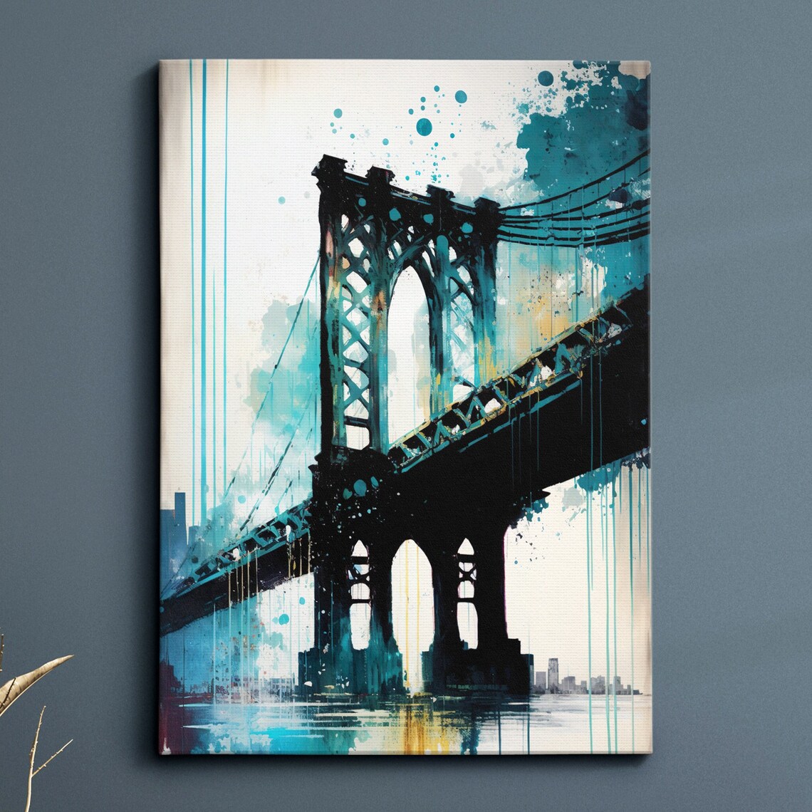 New York Manhattan Bridge Teal Abstract Watercolor Art Poster