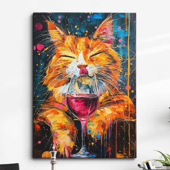 Ginger Cat Eyes Closed Sipping Red Wine Glass Funny Pop Art Poster