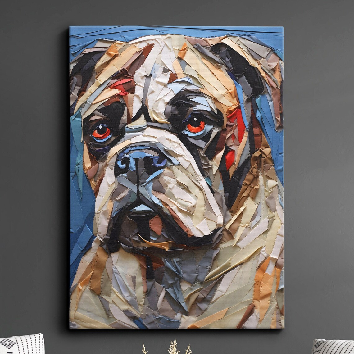 Bulldog Paper Mache Style Portrait Colorful Modern Dog Poster