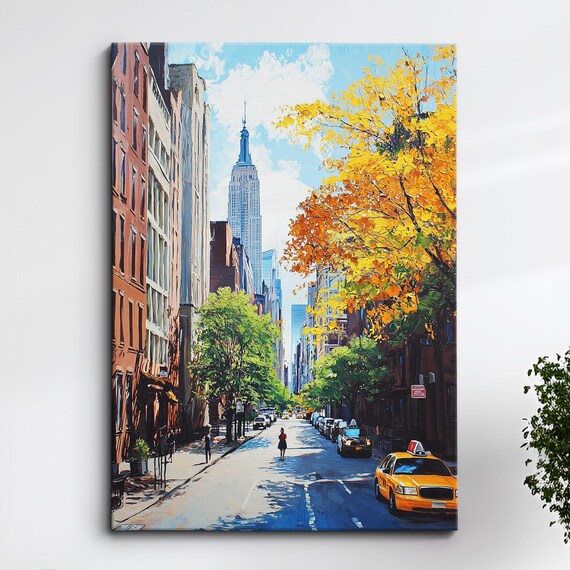 New York City Autumn Street Empire State Building Taxi Painting Poster