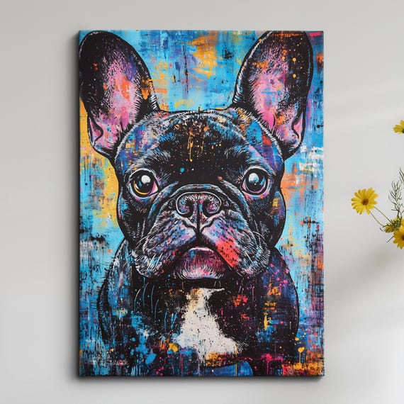 French Bulldog Paint Splash Dog Pet Abstract Modern Painting Wall Art Oil Framed Canvas Poster Print Home Kitchen Office Decor
