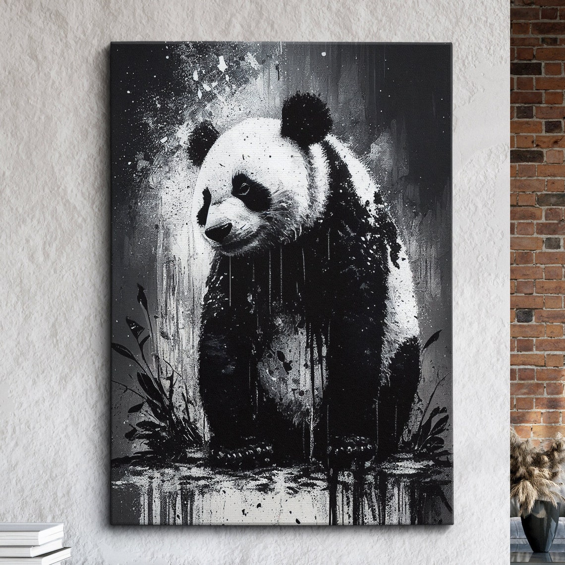 Giant Panda in Black and White Ink Splatter Modern Art Poster