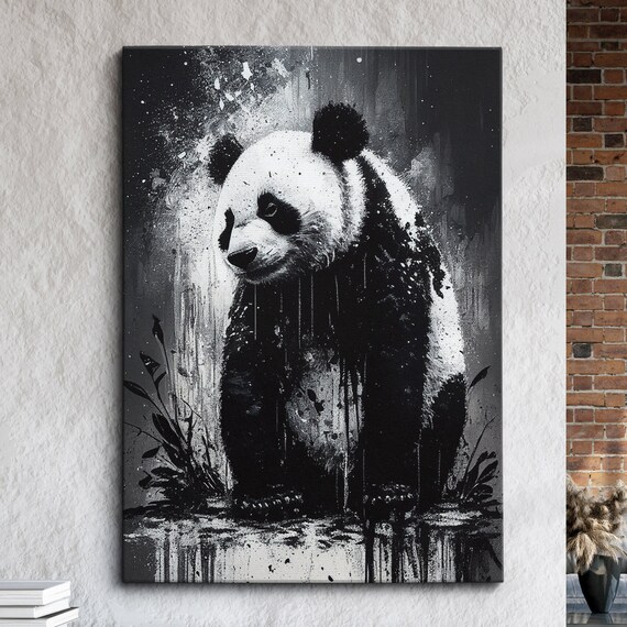 Panda Black And White Animal Abstract Oil Painting Style Wall Art Framed Canvas Poster Print Home Kitchen Office Room Decor