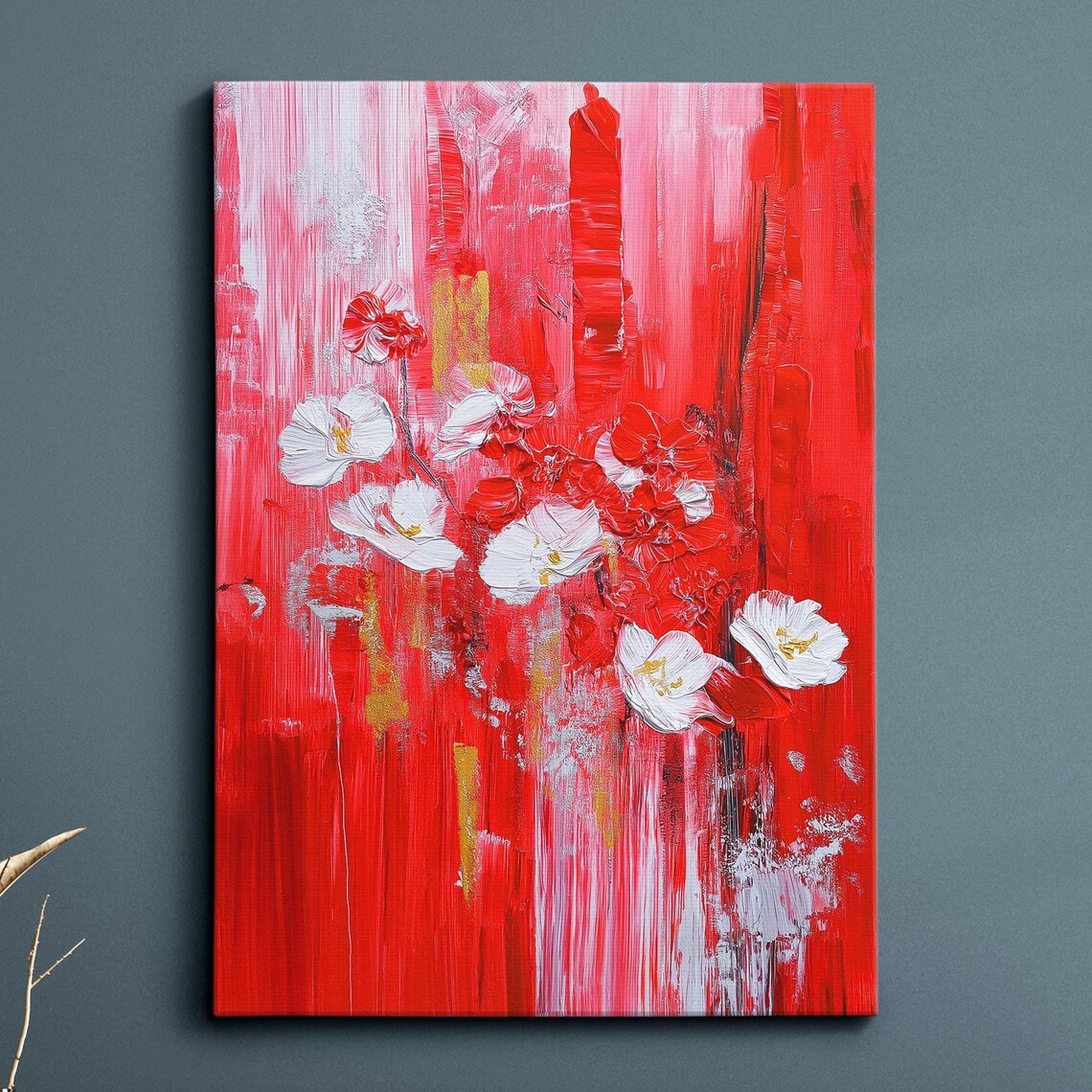 Red White Floral Impasto Oil Painting Bold Modern Abstract Poster