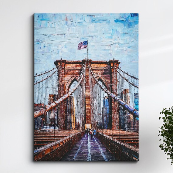 Brooklyn Bridge Palette Knife Oil Painting American Flag NYC Poster