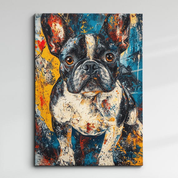 French Bulldog Cute Dog Pet Abstract Modern Painting Wall Art Oil Framed Canvas Poster Print Home Kitchen Office Room Decor Gift